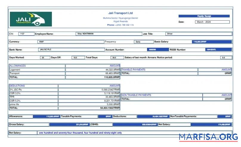 Printable Jali Transport payslip real example